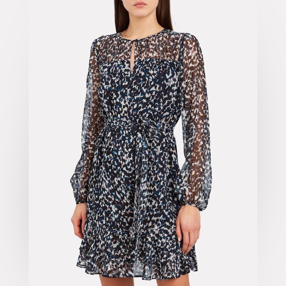 NWT Intermix Blue Animal Print 100% Silk Sheer Long Sleeve Mini Dress